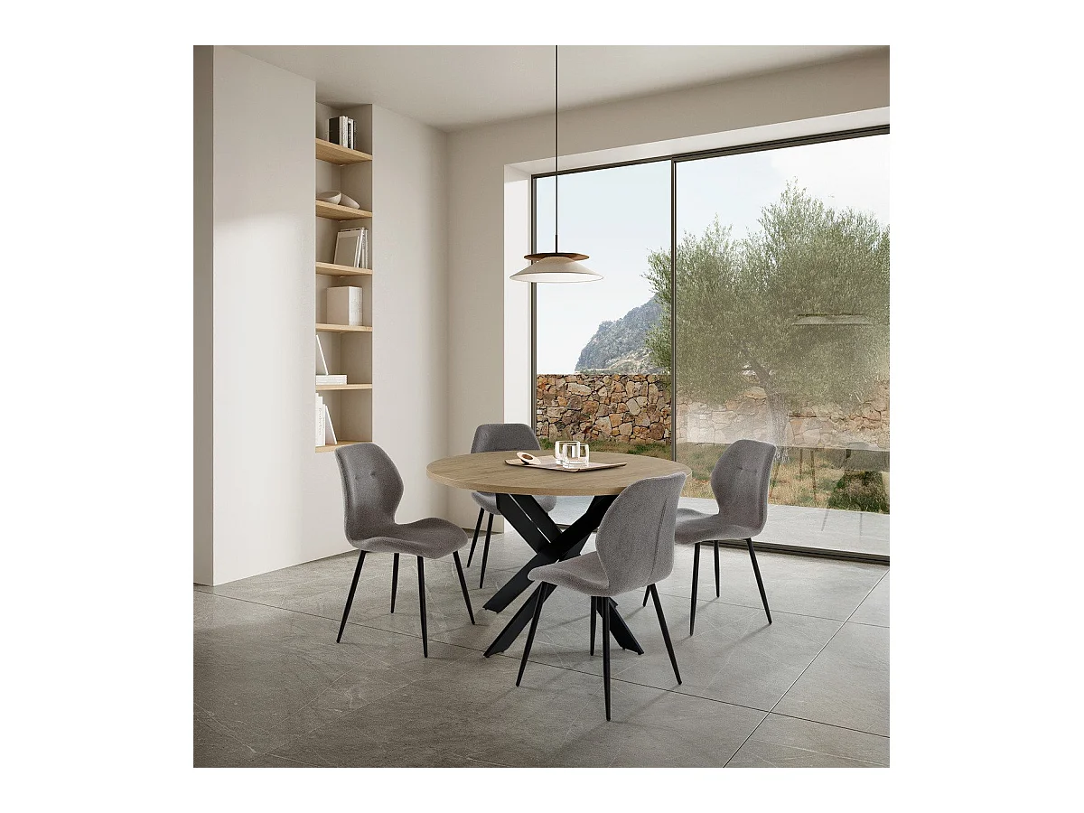 Table ronde pliante décor chêne et métal noir D110 cm - NELLY