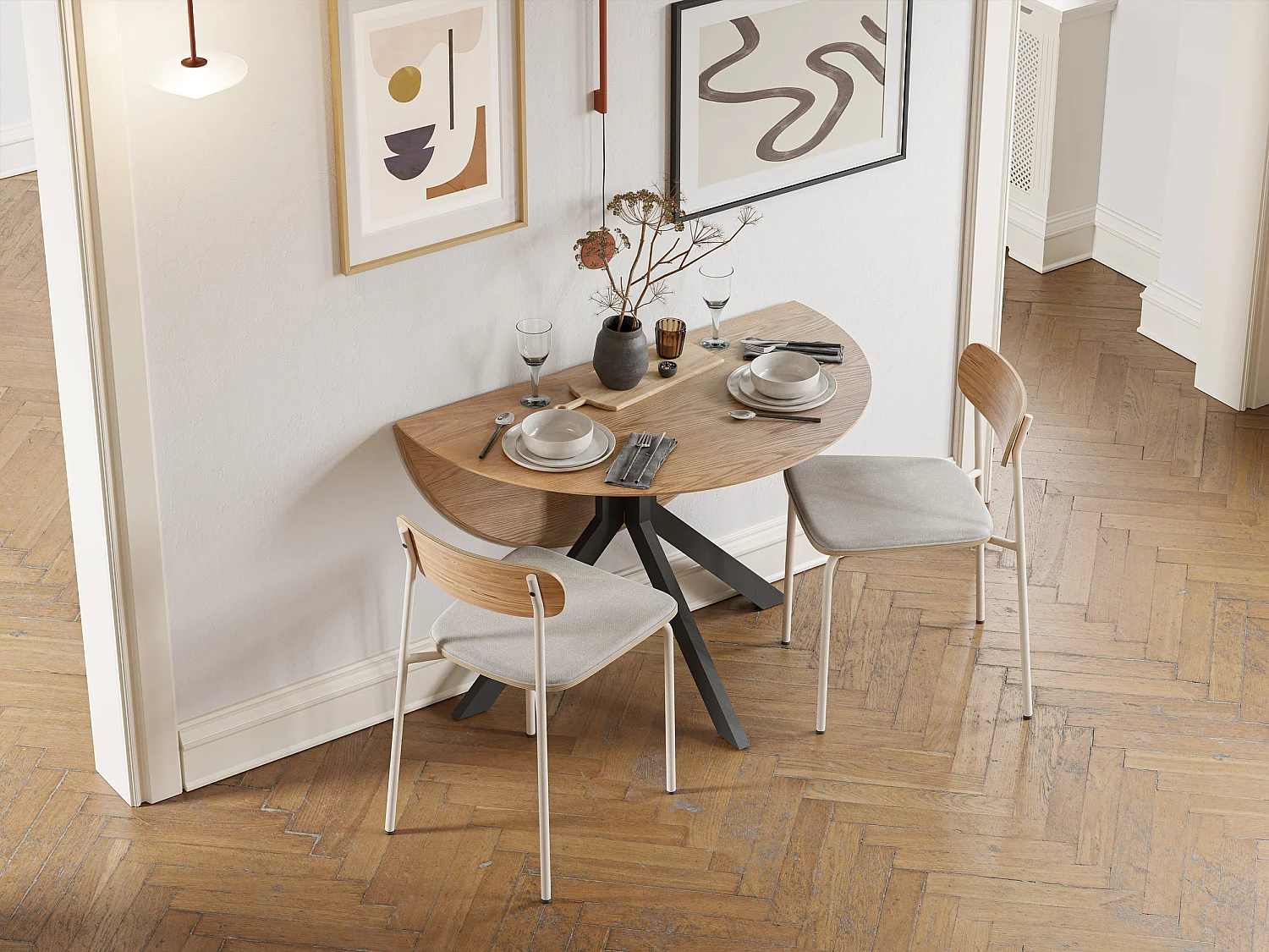 Table ronde pliante décor chêne et métal noir D110 cm - NELLY