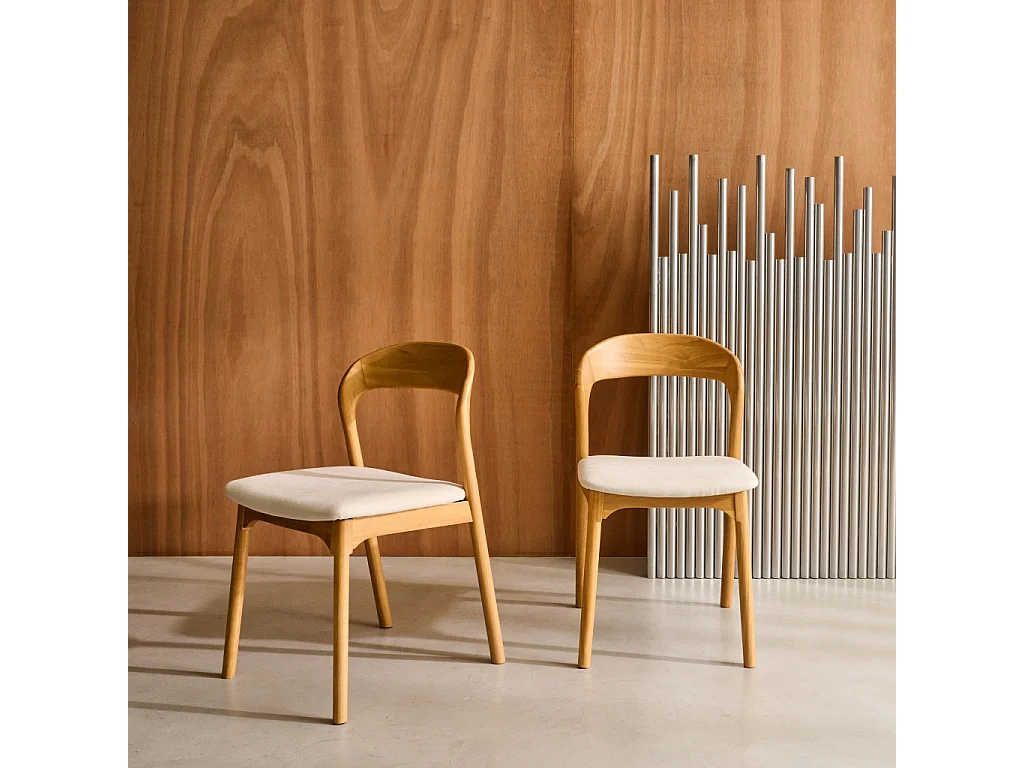 Lot de 2 chaises vintage bois d'hévéa naturel et tissu beige - L 46 x P 53 x H 78cm - Athena