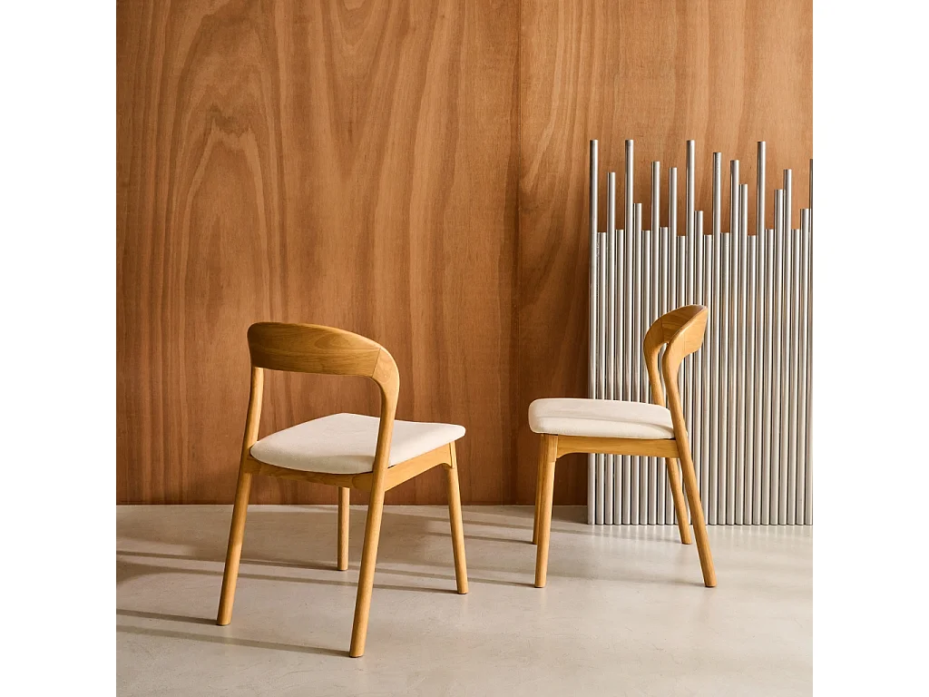 Lot de 2 chaises vintage bois d'hévéa naturel et tissu beige - L 46 x P 53 x H 78cm - Athena