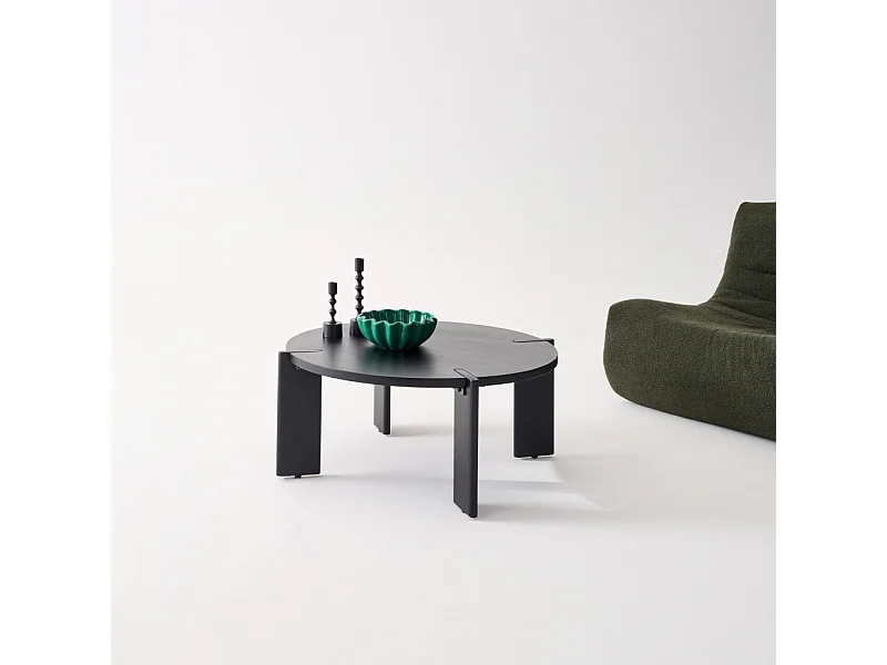 Table basse ronde en bois de manguier massif noir 80 cm - Reva