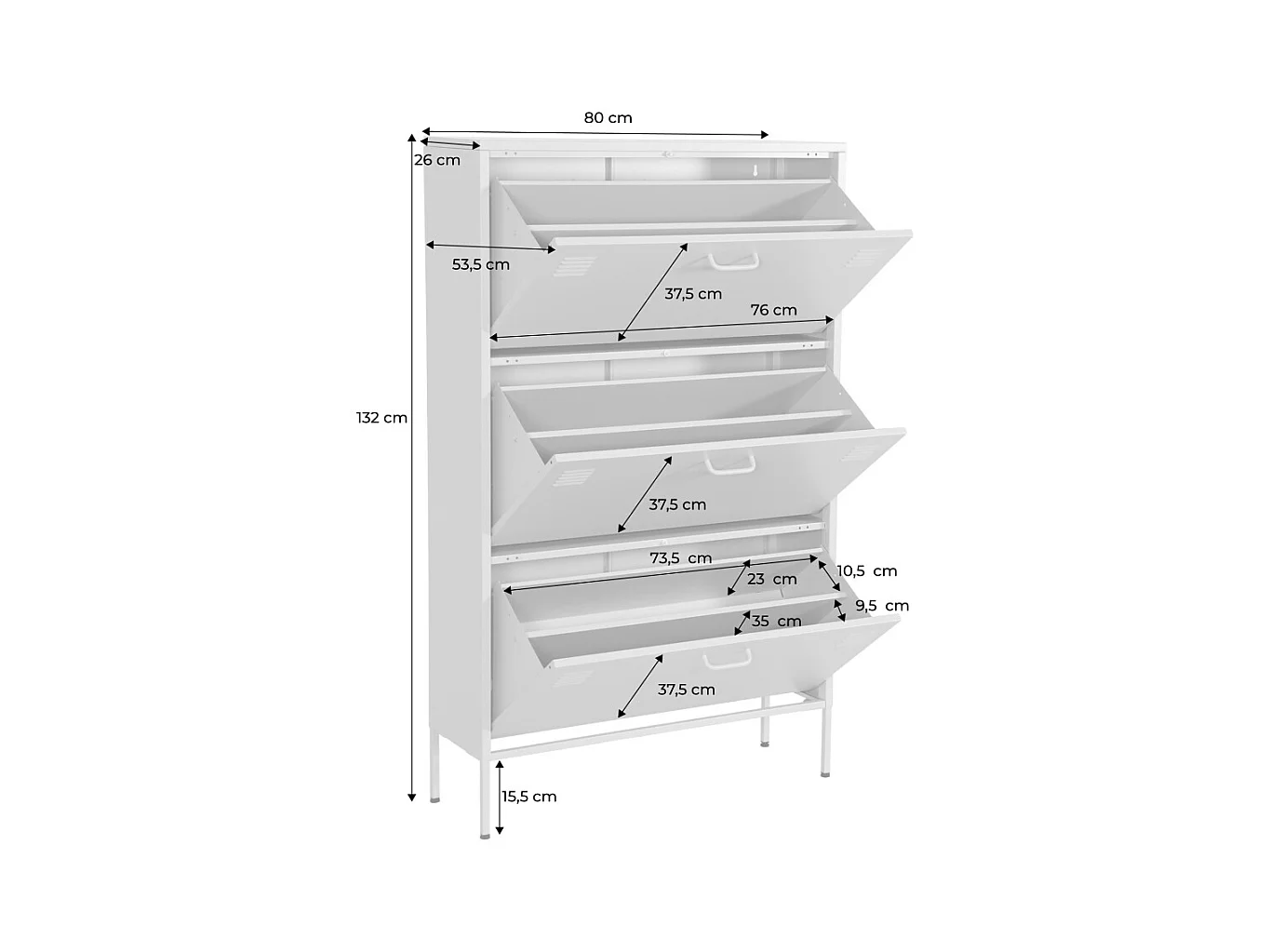 Meuble à chaussures industriel métal crème 3 tiroirs - 80 x 29 x 132.5 cm - Alabama