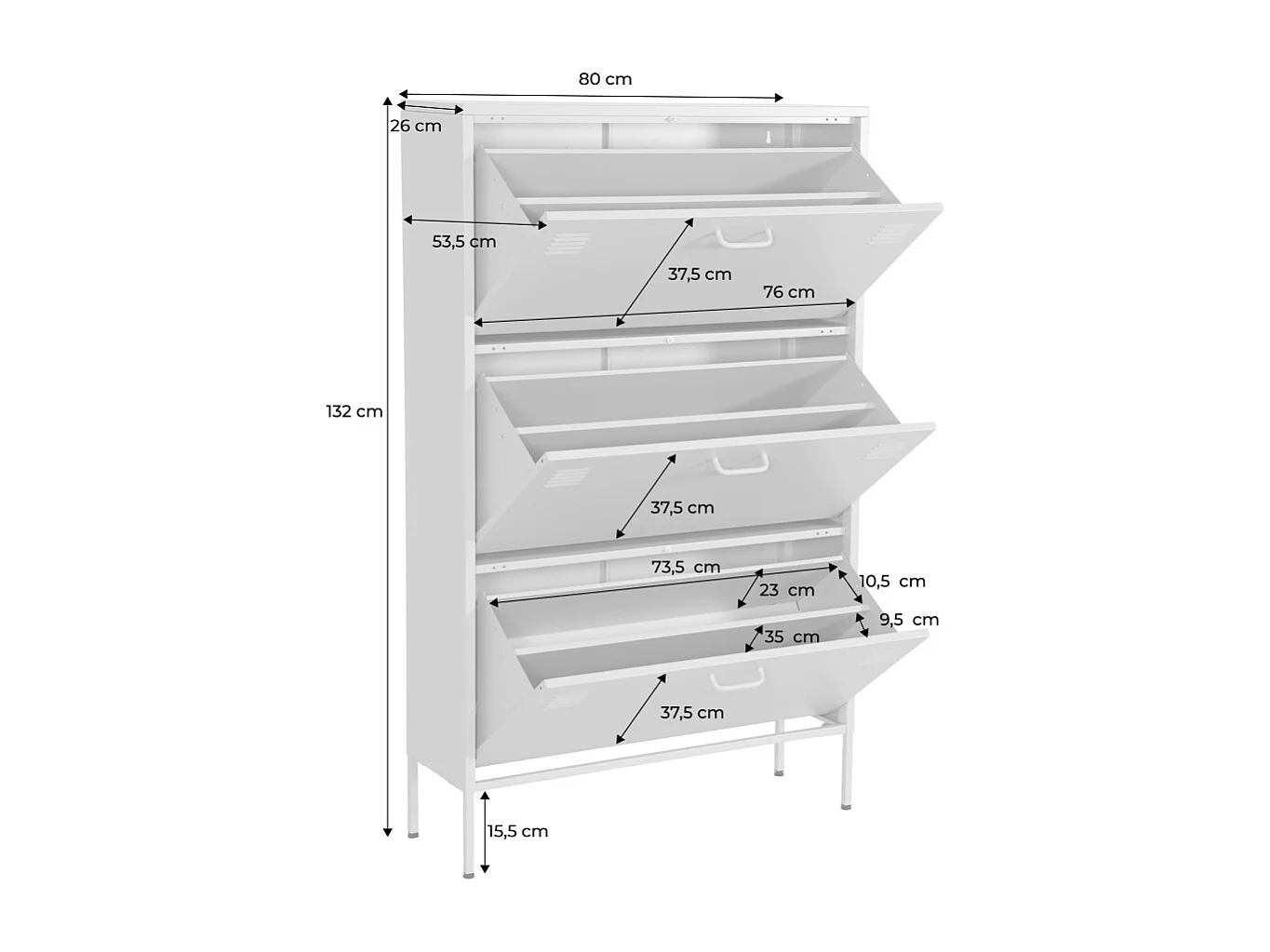 Meuble à chaussures industriel métal noir 3 abattants - 80 x 29 x 132.5 cm - Alabama