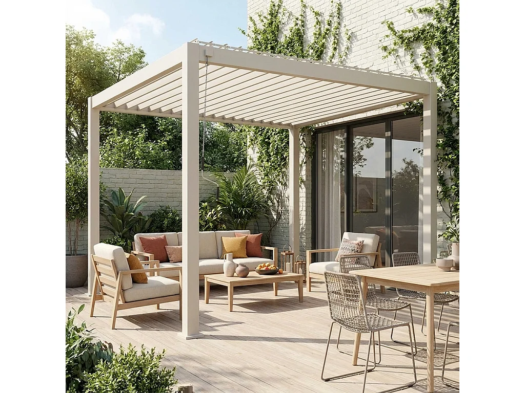 Pérgola bioclimática 3x3m de aluminio con lamas orientables beige