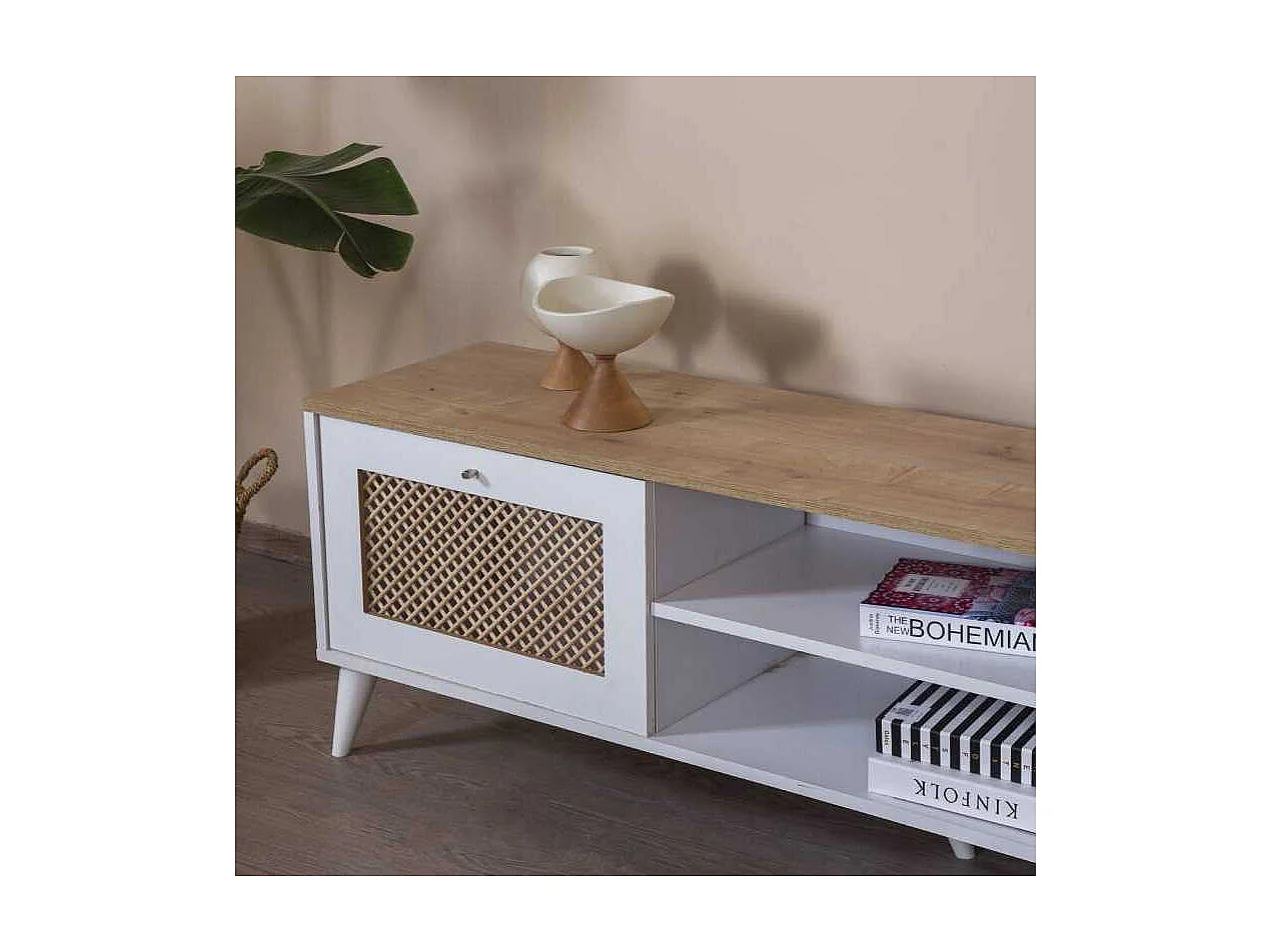 Móvel de TV – 55 cm x 180 cm x 41 cm – Branco e Carvalho – MDF e Madeira de Pinho