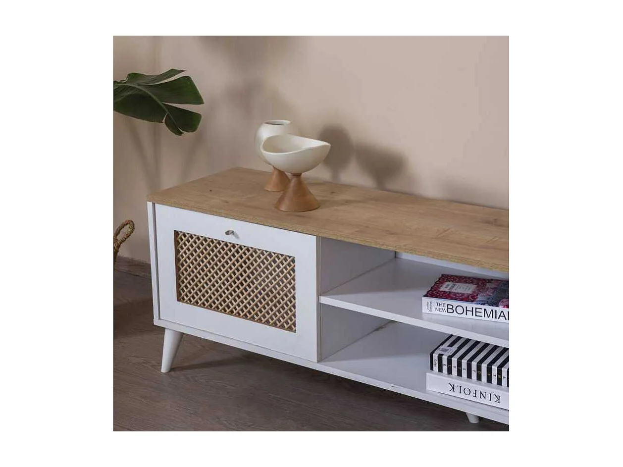 Móvel de TV – 55 cm x 180 cm x 41 cm – Branco e Carvalho – MDF e Madeira de Pinho