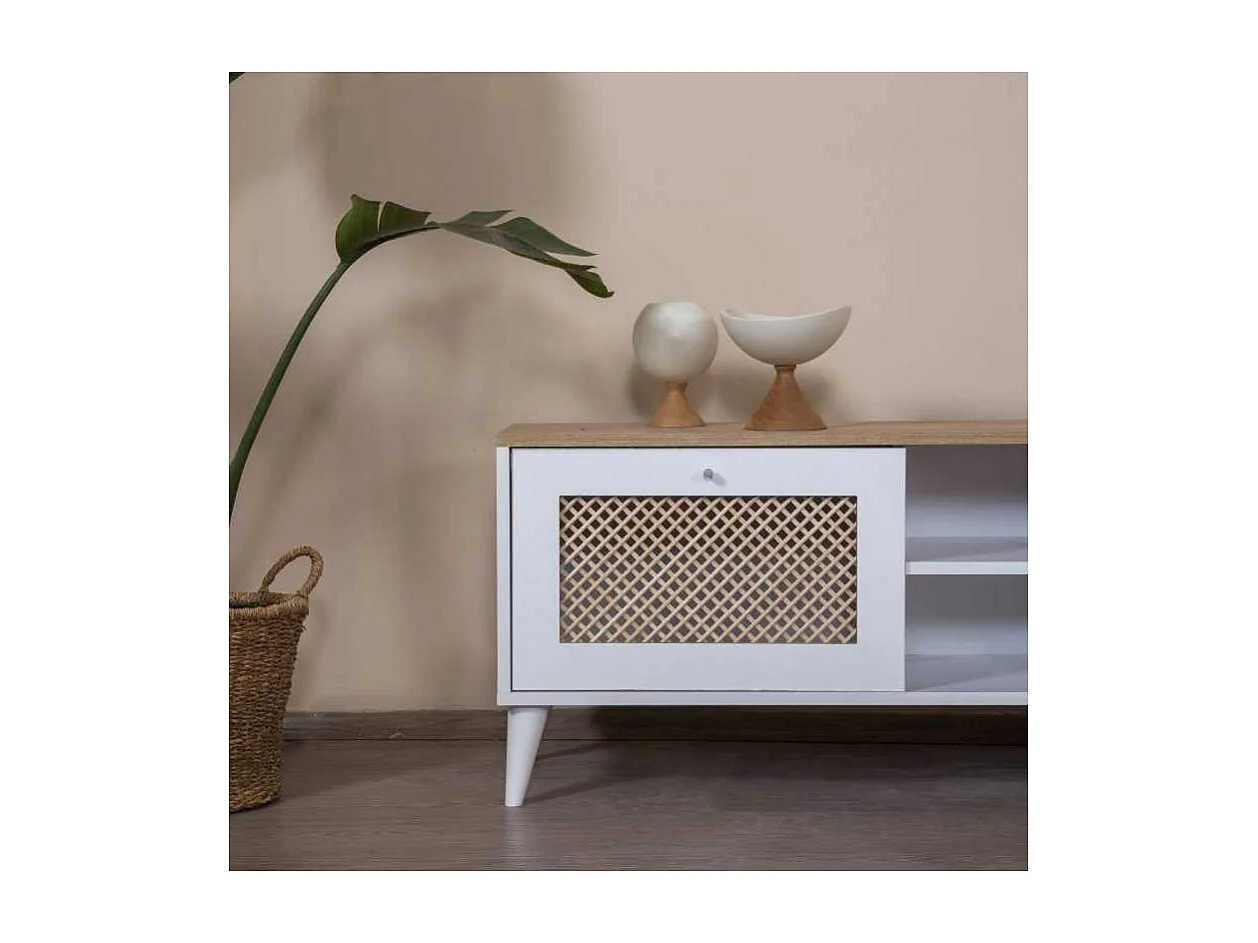 Móvel de TV – 55 cm x 180 cm x 41 cm – Branco e Carvalho – MDF e Madeira de Pinho