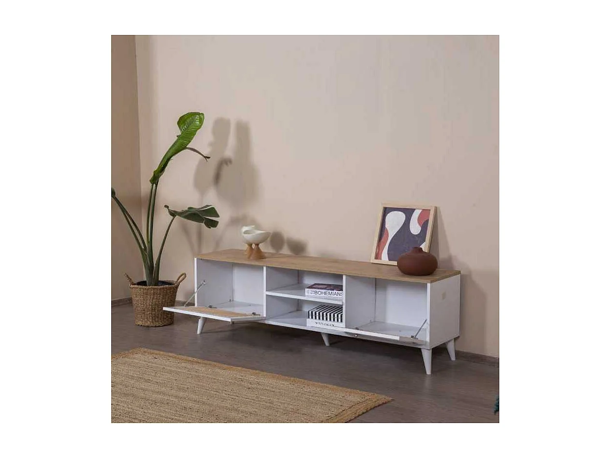 Móvel de TV – 55 cm x 180 cm x 41 cm – Branco e Carvalho – MDF e Madeira de Pinho