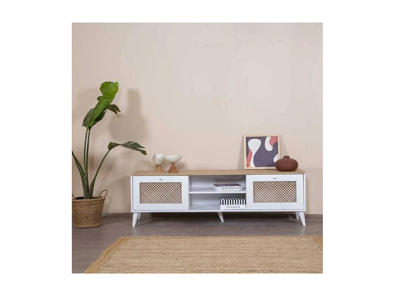 Móvel de TV – 55 cm x 180 cm x 41 cm – Branco e Carvalho – MDF e Madeira de Pinho
