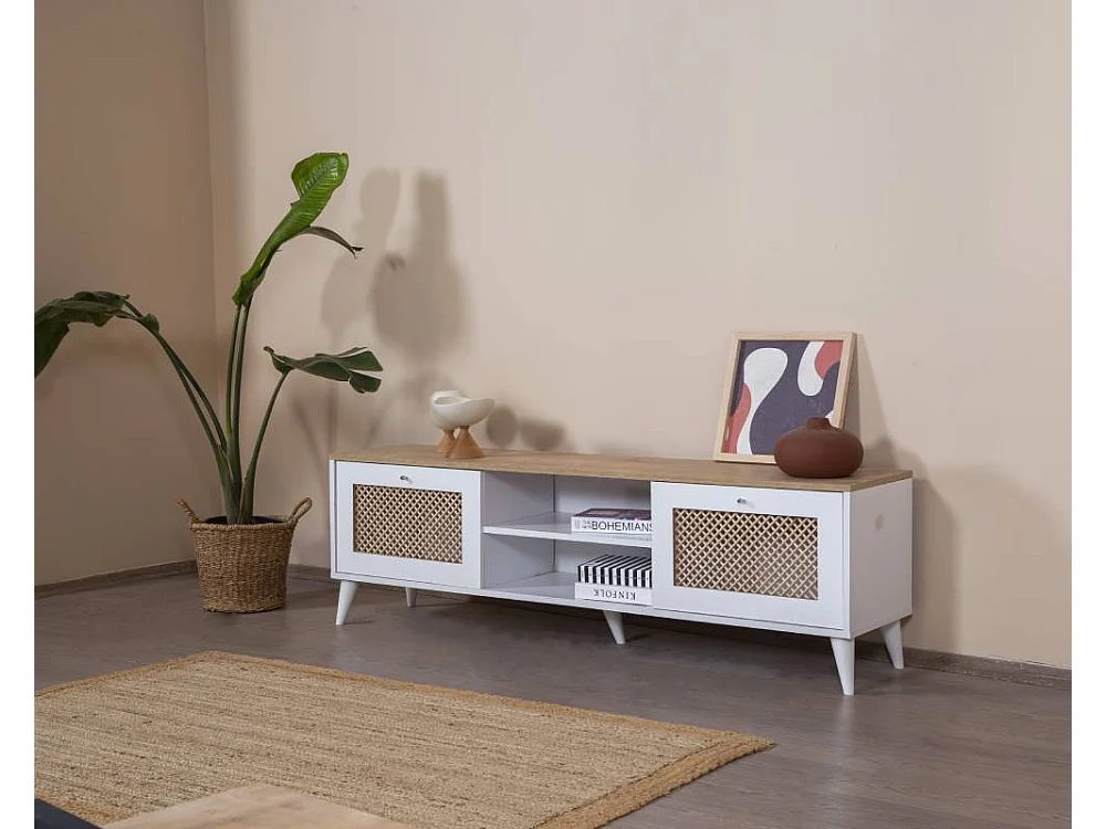 Móvel de TV – 55 cm x 180 cm x 41 cm – Branco e Carvalho – MDF e Madeira de Pinho