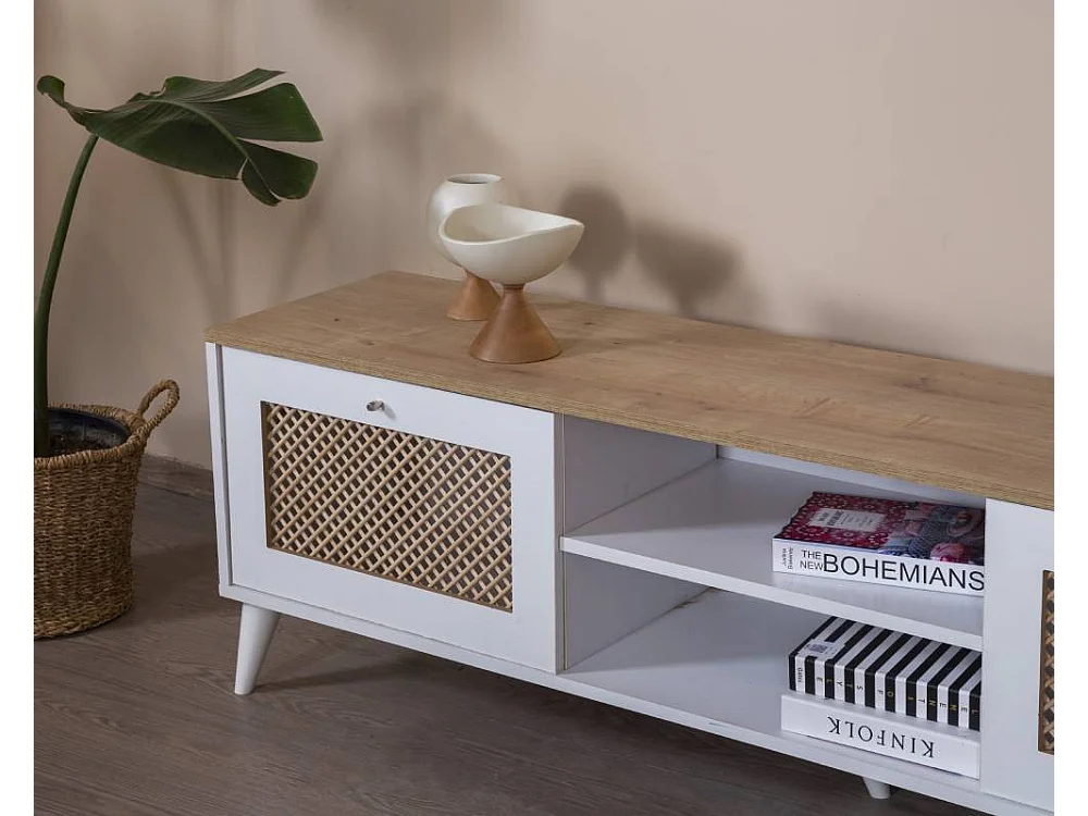 Móvel de TV – 55 cm x 180 cm x 41 cm – Branco e Carvalho – MDF e Madeira de Pinho