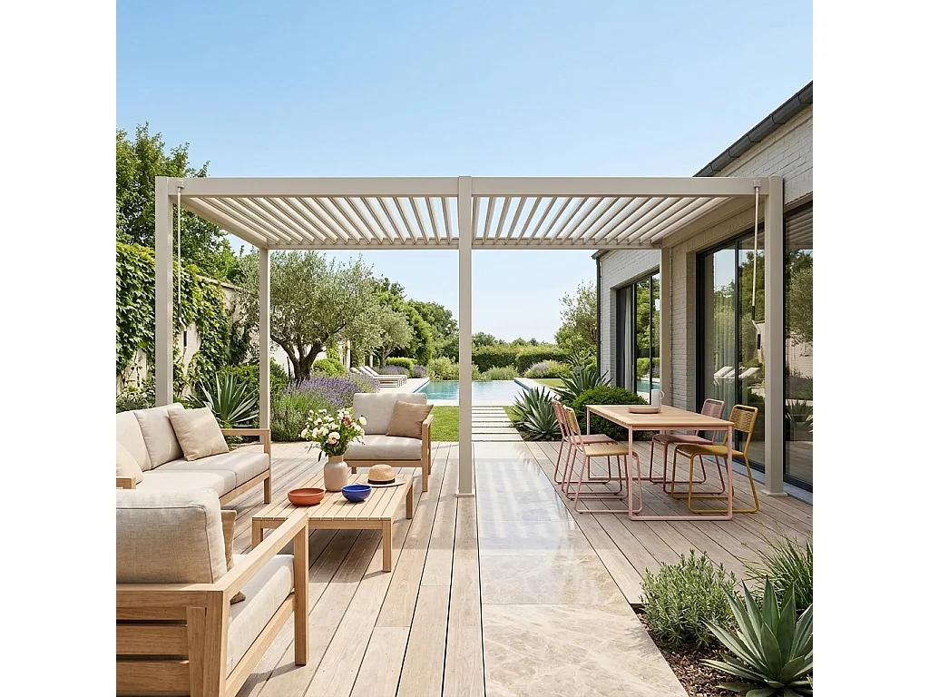 Pérgola bioclimática 3x6m de aluminio con lamas orientables beige