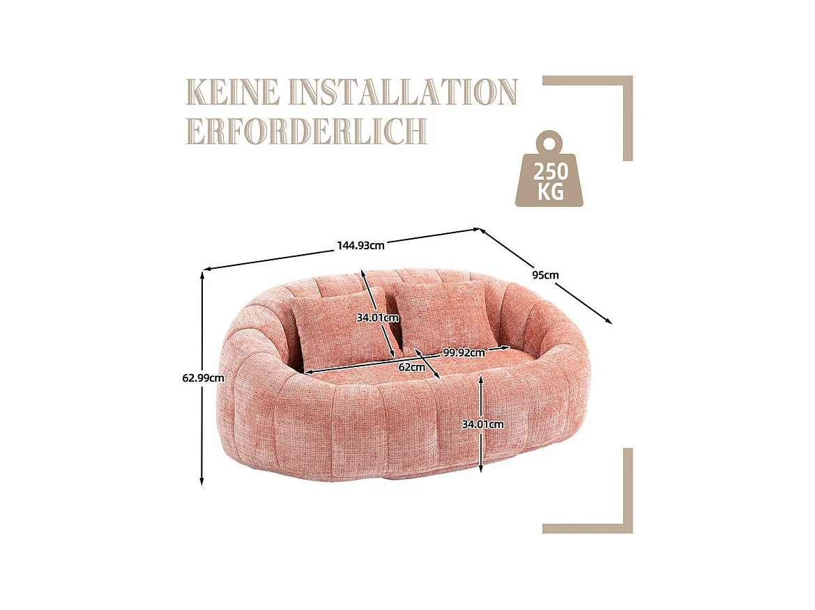Fauteuil paresseux en Chenille - 2 places - avec 2 oreillers - 62cm profondeur d'assise - charge max 250kg - Rose