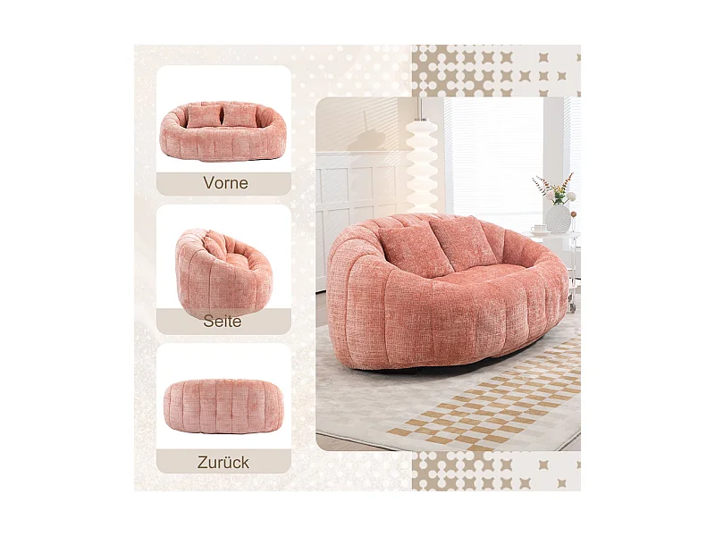 Fauteuil paresseux en Chenille - 2 places - avec 2 oreillers - 62cm profondeur d'assise - charge max 250kg - Rose