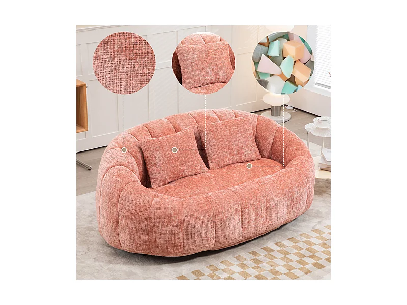 Fauteuil paresseux en Chenille - 2 places - avec 2 oreillers - 62cm profondeur d'assise - charge max 250kg - Rose