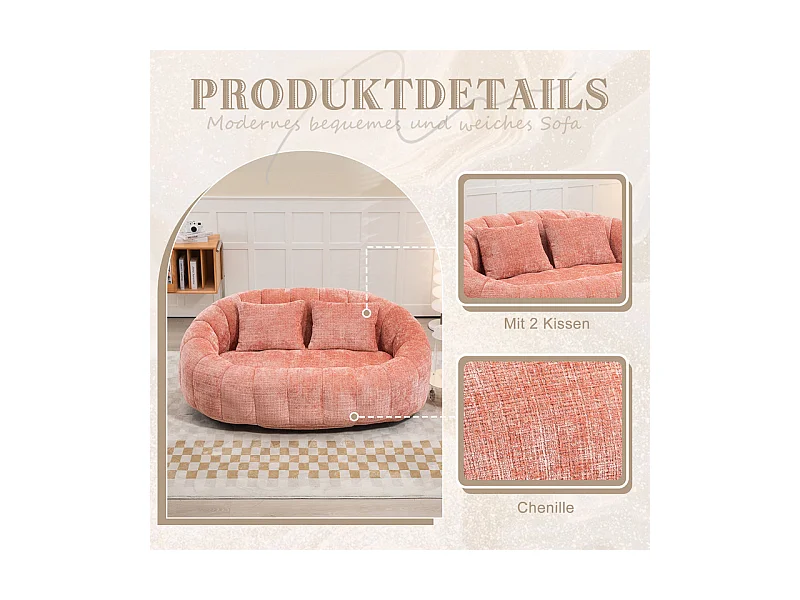 Fauteuil paresseux en Chenille - 2 places - avec 2 oreillers - 62cm profondeur d'assise - charge max 250kg - Rose