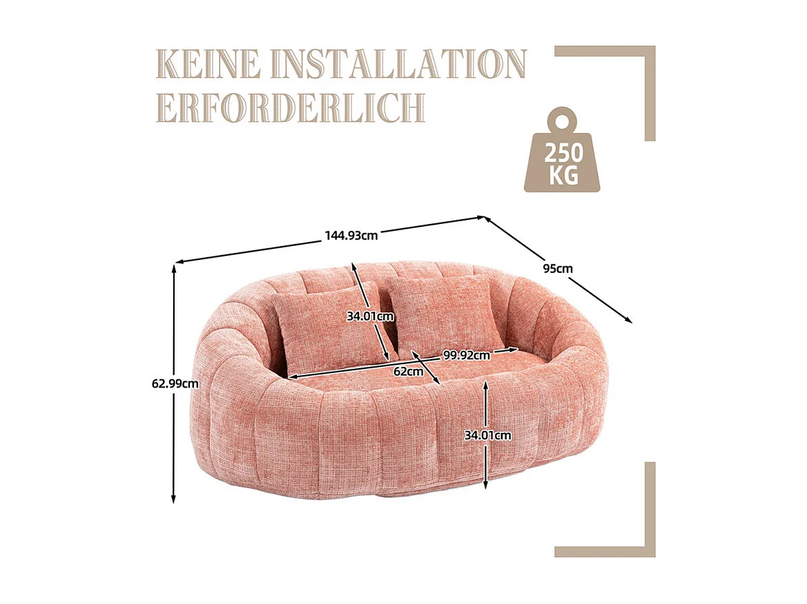 Luie Fauteuil van Chenille - 2-zits - met 2 Kussens - 62cm Zitdiepte - Max. Belasting 250kg - Roze