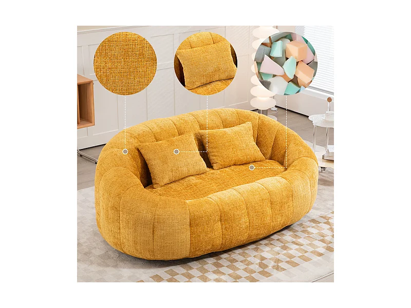 Fauteuil paresseux en Chenille - 2 places - avec 2 oreillers - 62cm profondeur d'assise - charge max 250kg - Jaune