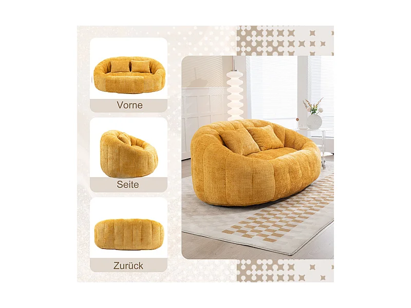 Fauteuil paresseux en Chenille - 2 places - avec 2 oreillers - 62cm profondeur d'assise - charge max 250kg - Jaune