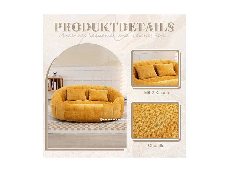 Fauteuil paresseux en Chenille - 2 places - avec 2 oreillers - 62cm profondeur d'assise - charge max 250kg - Jaune