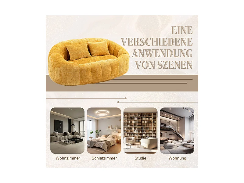 Faulenzer Sessel aus Chenille - 2-sitzer - mit 2 Kissen - 62cm Sitztiefe - Max. Belastung 250kg - Gelb