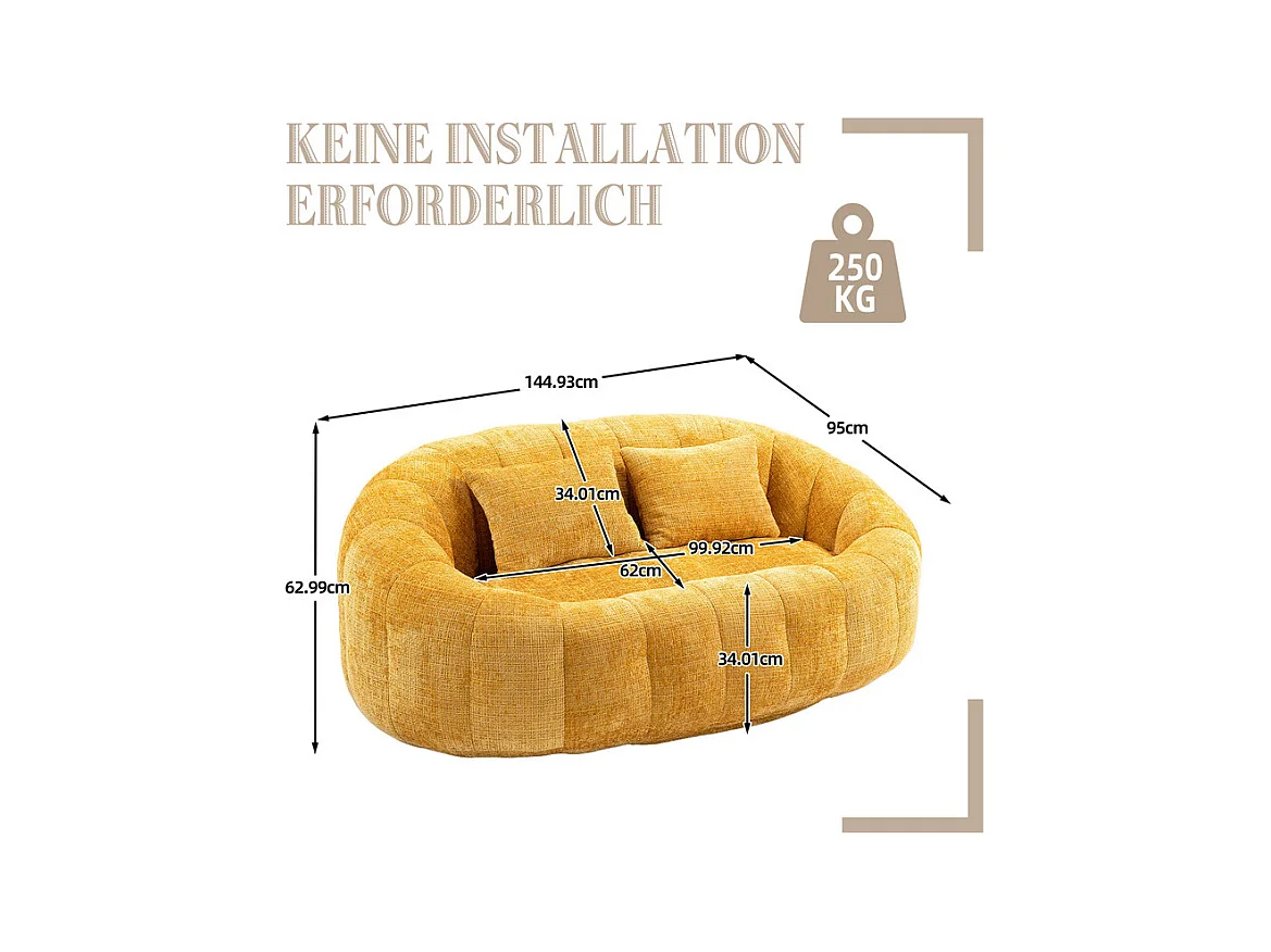 Faulenzer Sessel aus Chenille - 2-sitzer - mit 2 Kissen - 62cm Sitztiefe - Max. Belastung 250kg - Gelb
