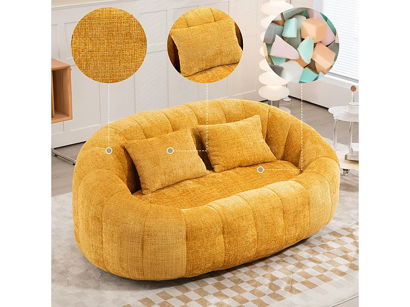 Fauteuil paresseux en Chenille - 2 places - avec 2 oreillers - 62cm profondeur d'assise - charge max 250kg - Jaune