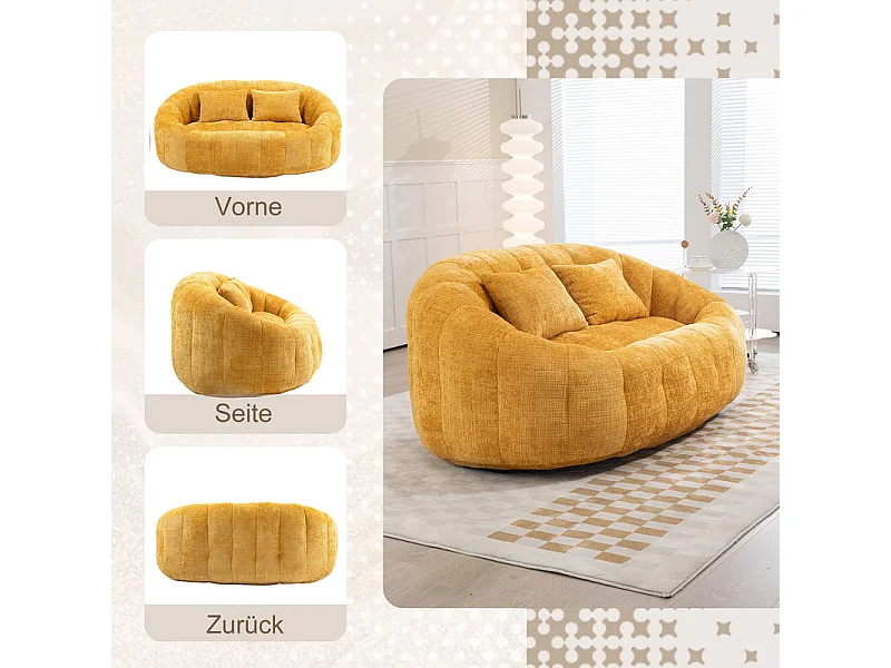 Fauteuil paresseux en Chenille - 2 places - avec 2 oreillers - 62cm profondeur d'assise - charge max 250kg - Jaune