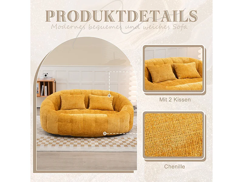 Fauteuil paresseux en Chenille - 2 places - avec 2 oreillers - 62cm profondeur d'assise - charge max 250kg - Jaune