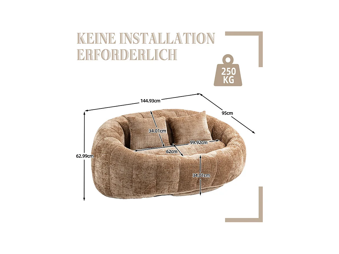 Fauteuil paresseux en Chenille - 2 places - avec 2 oreillers - 62cm profondeur d'assise - charge max 250kg - Marron