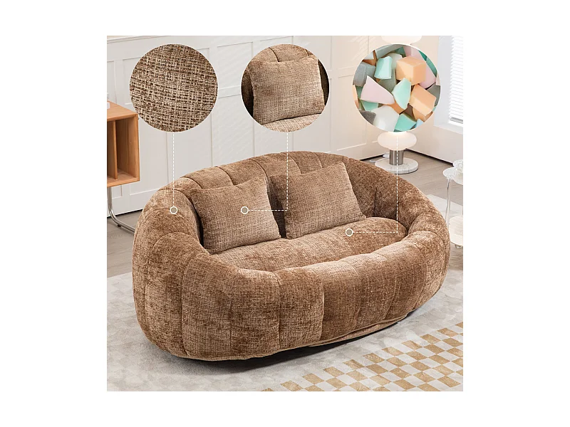 Fauteuil paresseux en Chenille - 2 places - avec 2 oreillers - 62cm profondeur d'assise - charge max 250kg - Marron