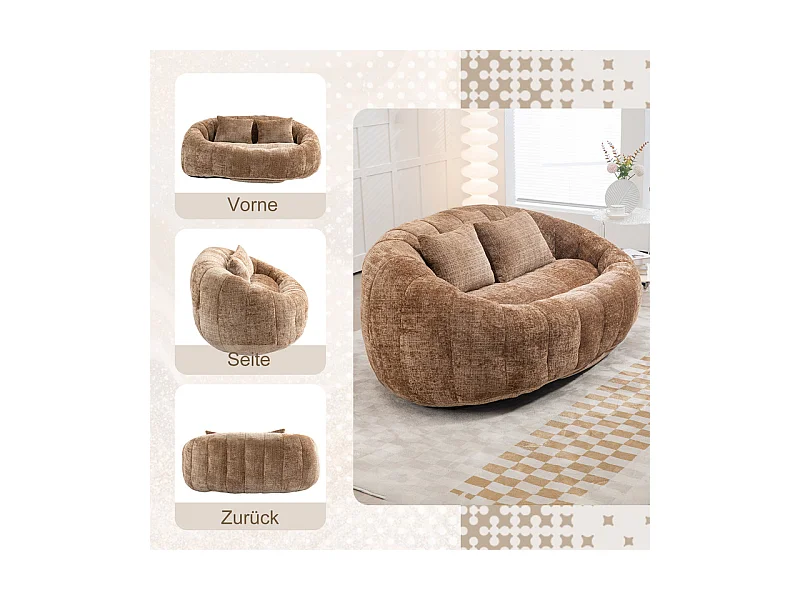 Fauteuil paresseux en Chenille - 2 places - avec 2 oreillers - 62cm profondeur d'assise - charge max 250kg - Marron