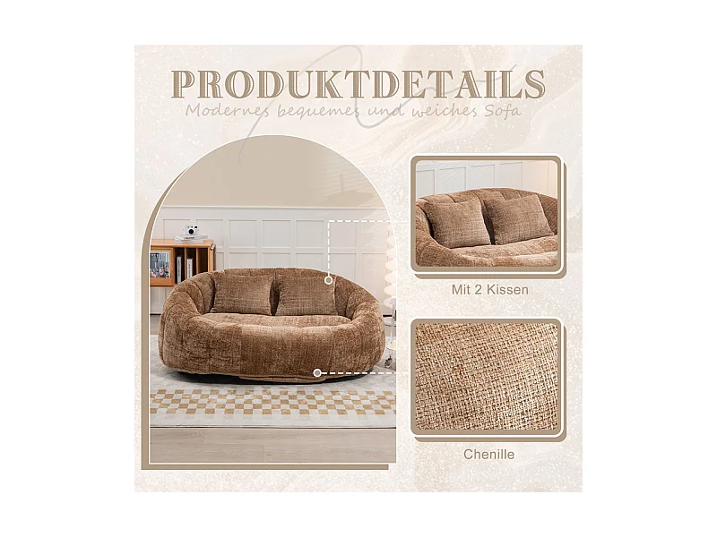 Fauteuil paresseux en Chenille - 2 places - avec 2 oreillers - 62cm profondeur d'assise - charge max 250kg - Marron
