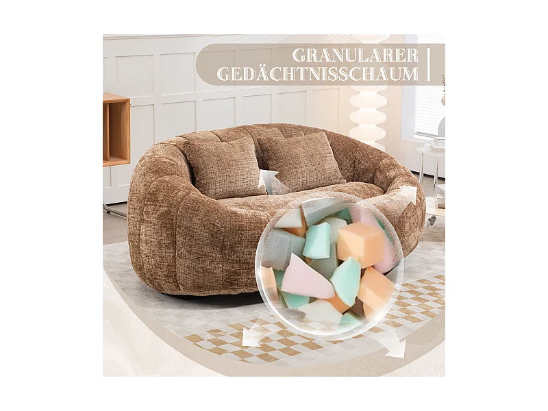 Fauteuil paresseux en Chenille - 2 places - avec 2 oreillers - 62cm profondeur d'assise - charge max 250kg - Marron