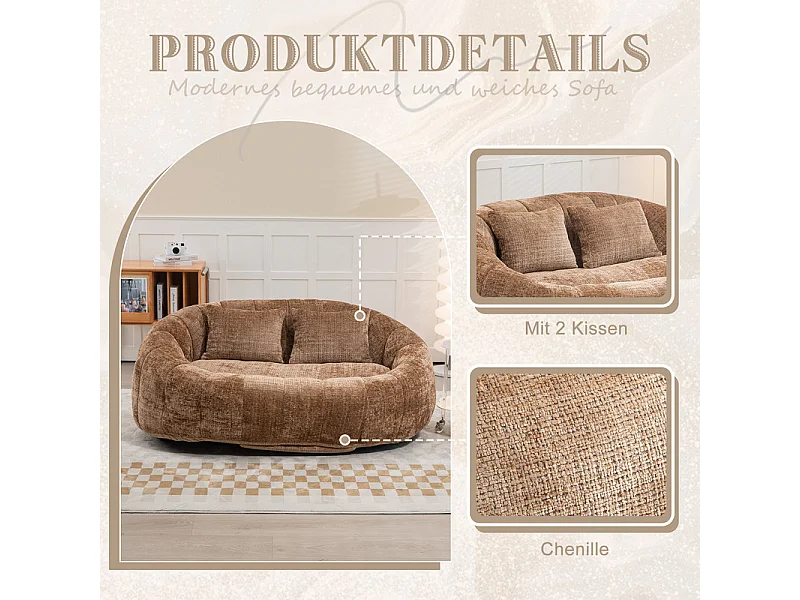 Faulenzer Sessel aus Chenille - 2-sitzer - mit 2 Kissen - 62cm Sitztiefe - Max. Belastung 250kg - Braun