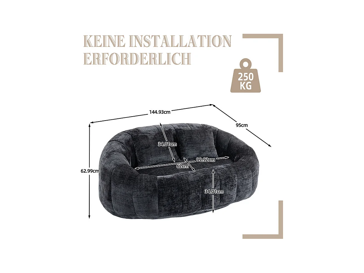 Fauteuil paresseux en Chenille - 2 places - avec 2 oreillers - 62cm profondeur d'assise - charge max 250kg - Noir
