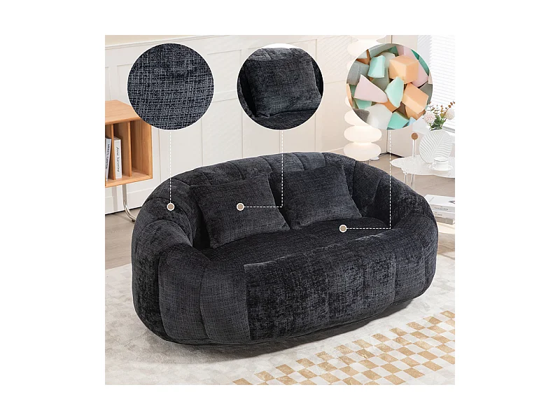 Fauteuil paresseux en Chenille - 2 places - avec 2 oreillers - 62cm profondeur d'assise - charge max 250kg - Noir