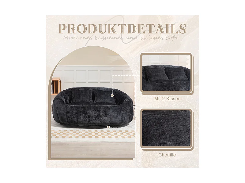 Fauteuil paresseux en Chenille - 2 places - avec 2 oreillers - 62cm profondeur d'assise - charge max 250kg - Noir