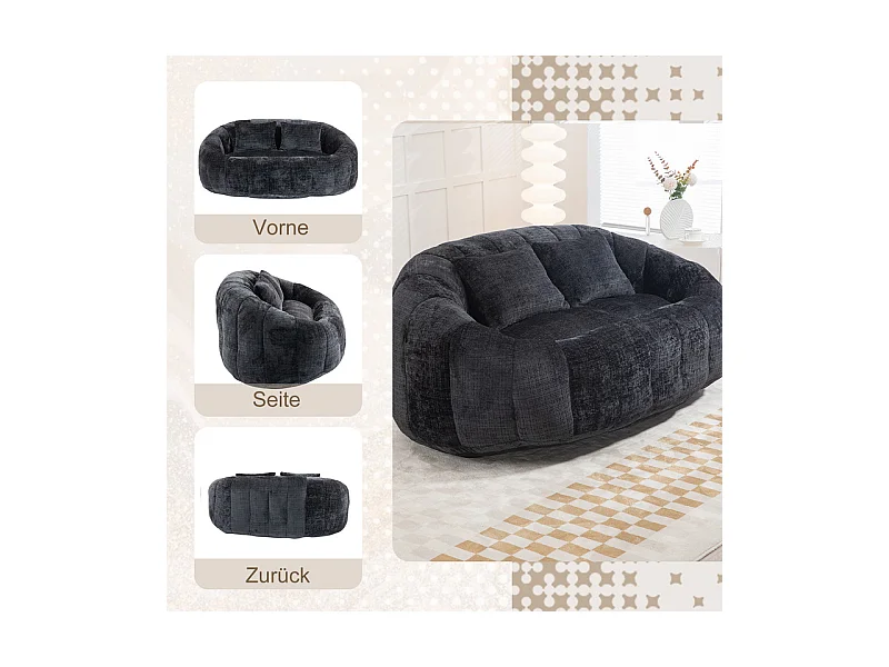 Faulenzer Sessel aus Chenille - 2-sitzer - mit 2 Kissen - 62cm Sitztiefe - Max. Belastung 250kg - Schwarz