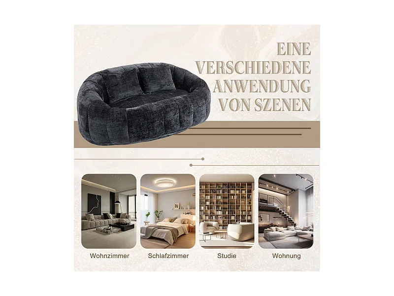 Faulenzer Sessel aus Chenille - 2-sitzer - mit 2 Kissen - 62cm Sitztiefe - Max. Belastung 250kg - Schwarz