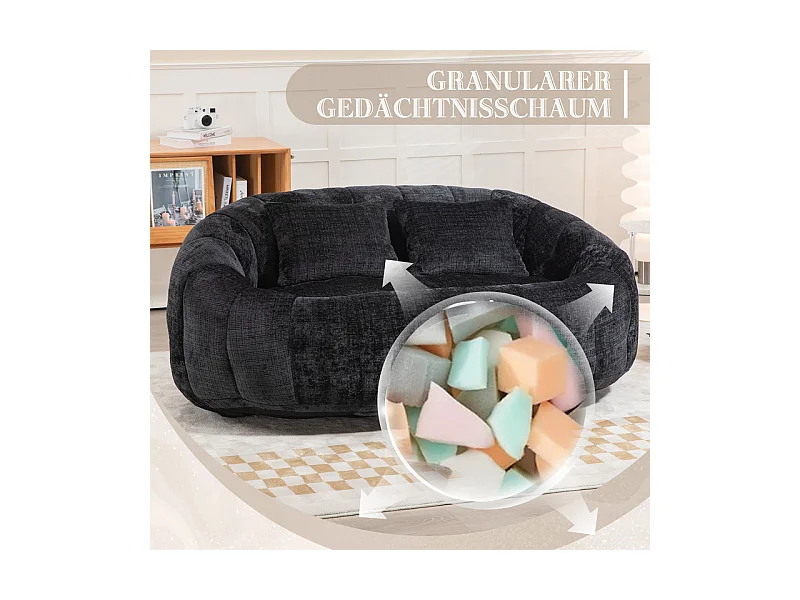 Faulenzer Sessel aus Chenille - 2-sitzer - mit 2 Kissen - 62cm Sitztiefe - Max. Belastung 250kg - Schwarz