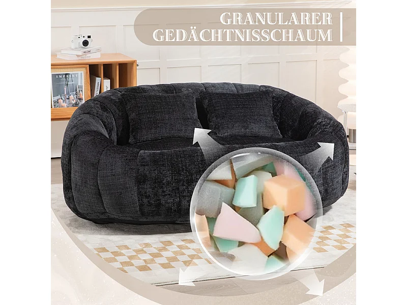 Fauteuil paresseux en Chenille - 2 places - avec 2 oreillers - 62cm profondeur d'assise - charge max 250kg - Noir