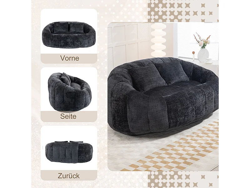 Fauteuil paresseux en Chenille - 2 places - avec 2 oreillers - 62cm profondeur d'assise - charge max 250kg - Noir