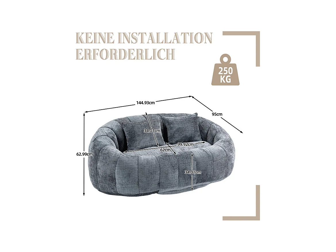 Fauteuil paresseux en Chenille - 2 places - avec 2 oreillers - 62cm profondeur d'assise - charge max 250kg - Gris