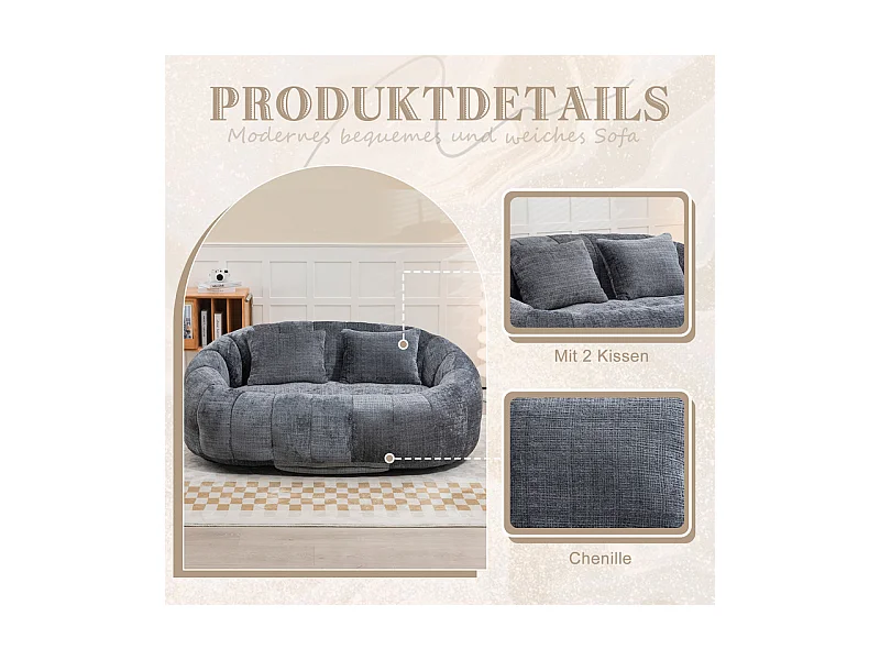 Fauteuil paresseux en Chenille - 2 places - avec 2 oreillers - 62cm profondeur d'assise - charge max 250kg - Gris