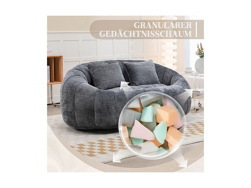 Fauteuil paresseux en Chenille - 2 places - avec 2 oreillers - 62cm profondeur d'assise - charge max 250kg - Gris