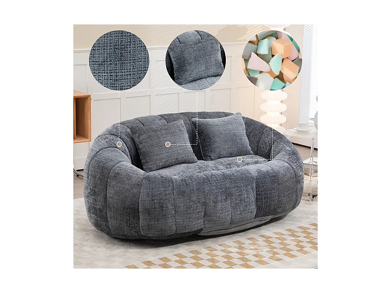 Fauteuil paresseux en Chenille - 2 places - avec 2 oreillers - 62cm profondeur d'assise - charge max 250kg - Gris