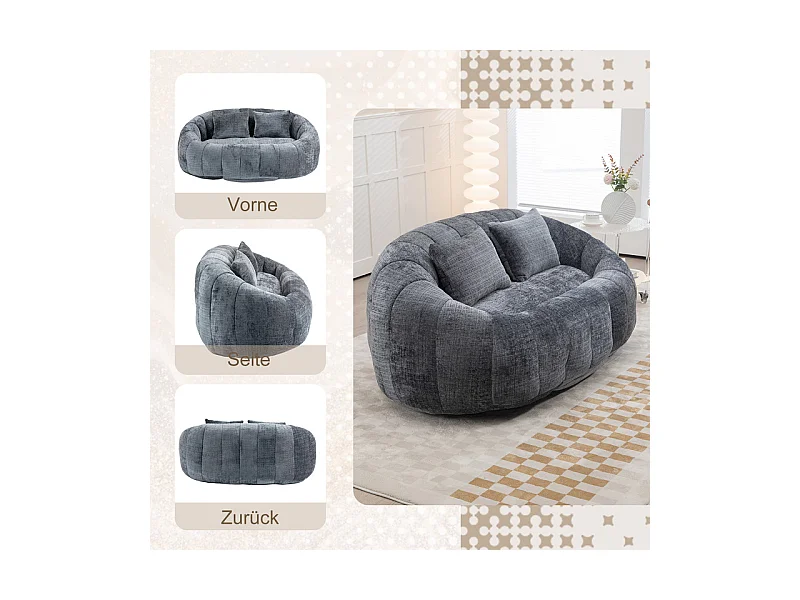 Fauteuil paresseux en Chenille - 2 places - avec 2 oreillers - 62cm profondeur d'assise - charge max 250kg - Gris