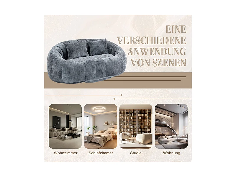Fauteuil paresseux en Chenille - 2 places - avec 2 oreillers - 62cm profondeur d'assise - charge max 250kg - Gris