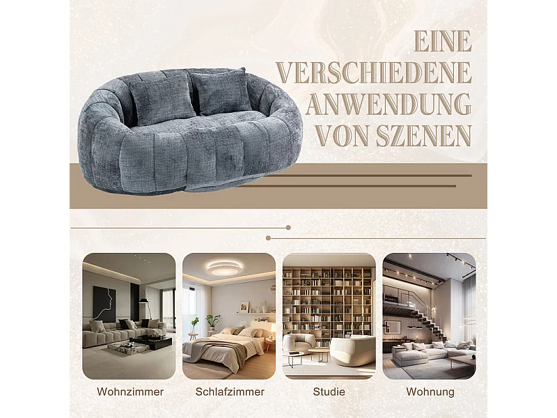 Faulenzer Sessel aus Chenille - 2-sitzer - mit 2 Kissen - 62cm Sitztiefe - Max. Belastung 250kg - Grau